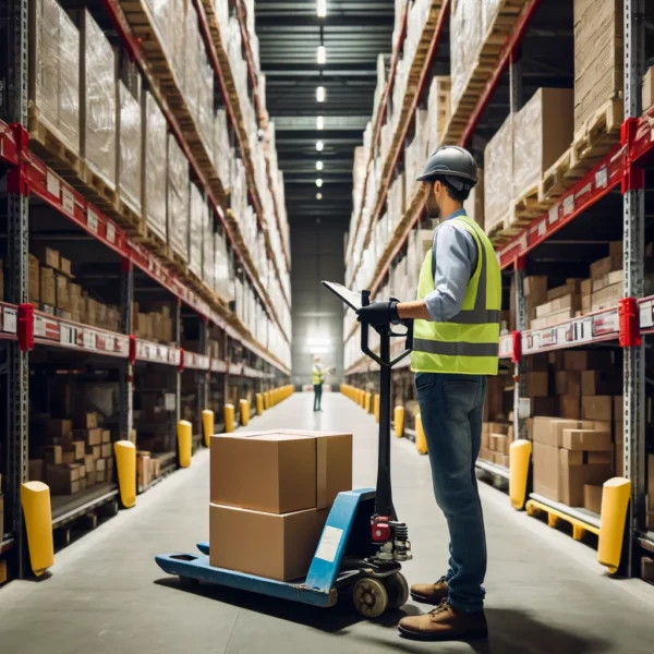 Warehouse worker in a high-visibility vest operating a pallet jack in a large storage facility.