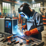 Welder in protective gear welding metal components in a factory.