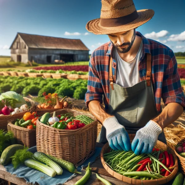 Agricultural sorting worker wearing a straw hat and plaid shirt sorting vegetables on a farm.
