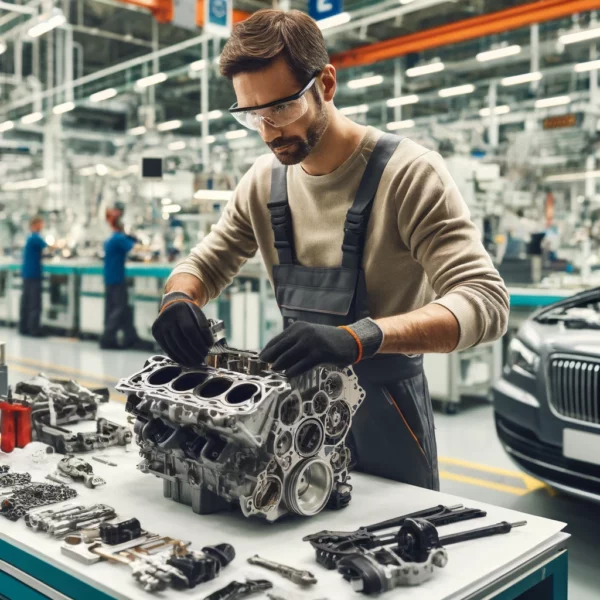 Automotive worker in a modern car manufacturing plant assembling parts of a car engine.