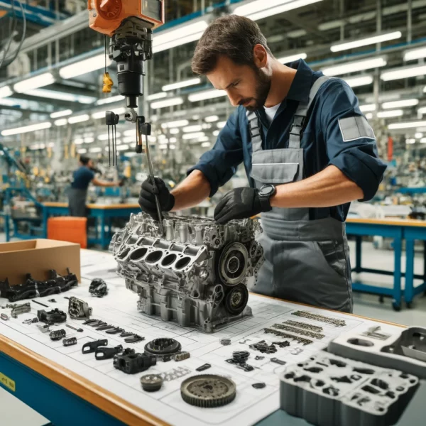 Automotive worker in a uniform assembling car engine components in a factory.