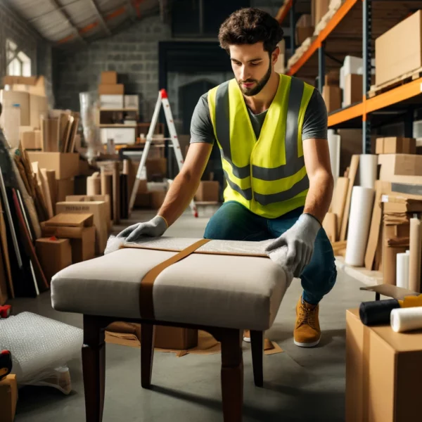 Furniture packer in a high-visibility vest wrapping a piece of furniture in a warehouse.
