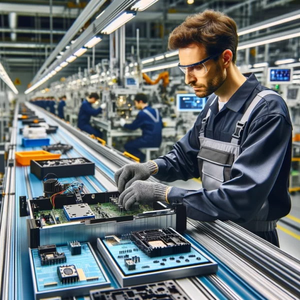 Assembly line worker in a modern factory assembling electronic components on a conveyor belt.