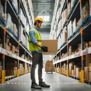 Warehouse worker in a high-visibility vest and hard hat organizing and stacking boxes in a storage facility.