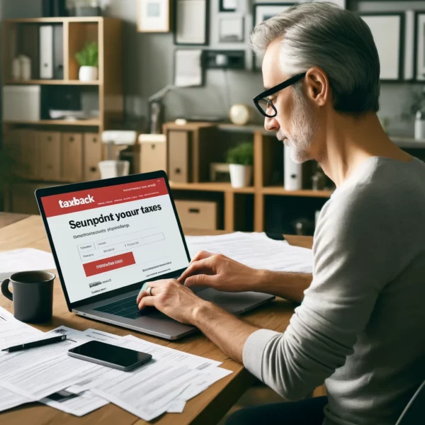 Middle-aged person working on a laptop in a modern office, smartphone displaying the red homepage of Taxback.com, financial documents on the desk.