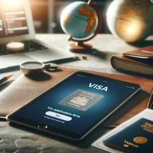 Close-up of a tablet displaying a visa application form, with blurred travel accessories like a globe and passport in the background, in a professional setting.